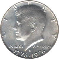 obverse of 1/2 Dollar - Bicentennial - Kennedy Half Dollar (1976) coin with KM# 205a from United States. Inscription: LIBERTY IN GOD WE TRUST S 1776 - 1976