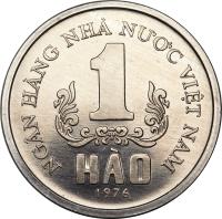 reverse of 1 Hao (1976) coin with KM# 11 from Vietnam. Inscription: NGÂN HÀNG NHÀ NUOC VIỆT NAM 1 HÀO 1976