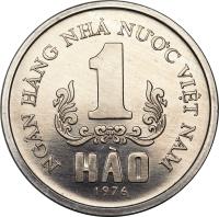 Vietnam coin 1 Hao (1976) reverse reverse of 1 Hao (1976) coin with KM# 11 from Vietnam. Inscription: NGÂN HÀNG NHÀ NUOC VIỆT NAM 1 HÀO 1976