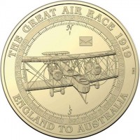 Aluminium Bronze coin Australia KM# 3661 THE GREAT AIR RACE 1919 ENGLAND TO AUSTRALIA. VICKERS VIMY. N. S. CAPT. ROSS M SMITH LT. KIETH M SMITH SGT. WALLY H SHIERS SGT. JIM M BENNETT.