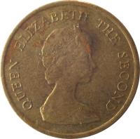 obverse of 10 Cents - Elizabeth II - 2'nd Portrait (1982 - 1984) coin with KM# 49 from Hong Kong. Inscription: QUEEN ELIZABETH THE SECOND