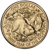 Aluminium Bronze coin Australia KM# 3687 ONE DOLLAR. 猪. 壽比南山. BK. 2019 YEAR OF THE PIG.