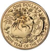 Aluminium Bronze coin Australia KM# 3688 ONE DOLLAR. 猪. 招財進寳. 2019 YEAR OF THE PIG.