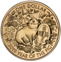 Aluminium Bronze coin Australia KM# 3689 ONE DOLLAR. 猪. 福星高照. 2019 YEAR OF THE PIG.