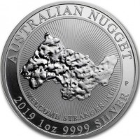 AUSTRALIAN NUGGET. 2019 1 OZ 9999 SILVER. P. WELCOME STRANGER 1869. SD.