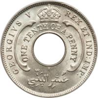 British West Africa coin 1/10 Penny - George V (1912 - 1936) obverse obverse of 1/10 Penny - George V (1912 - 1936) coin with KM# 7 from British West Africa. Inscription: GEORGIVS V REX ET IND: IMP: ONE TENTH OF A PENNY عشر الپذي