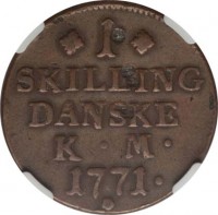 Denmark coin 1 Skilling - Christian VII (1771 - 1779) reverse reverse of 1 Skilling - Christian VII (1771 - 1779) coin with KM# 616 from Denmark. Inscription: 1 SKILLING DANSKE K · M · 1771 ·