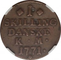 reverse of 1 Skilling - Christian VII (1771 - 1779) coin with KM# 616 from Denmark. Inscription: 1 SKILLING DANSKE K · M · 1771 ·