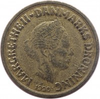 Denmark coin 10 Kroner - Margrethe II - 2'nd Portrait (1989 - 1993) obverse obverse of 10 Kroner - Margrethe II - 2'nd Portrait (1989 - 1993) coin with KM# 867 from Denmark. Inscription: MARGRETHE II ♥ DANMARKS DRONNING 1990