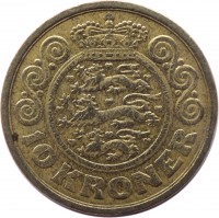 reverse of 10 Kroner - Margrethe II - 2'nd Portrait (1989 - 1993) coin with KM# 867 from Denmark. Inscription: 10 KRONER