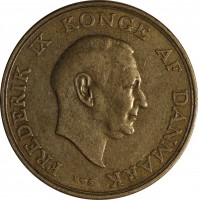 obverse of 1 Krone - Frederik IX (1947 - 1960) coin with KM# 837 from Denmark. Inscription: FREDERIK IX KONGE AF DANMARK