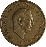 Denmark coin 1 Krone - Frederik IX (1947 - 1960) obverse obverse of 1 Krone - Frederik IX (1947 - 1960) coin with KM# 837 from Denmark. Inscription: FREDERIK IX KONGE AF DANMARK