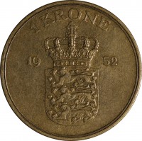 reverse of 1 Krone - Frederik IX (1947 - 1960) coin with KM# 837 from Denmark. Inscription: 1 KRONE 1952