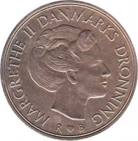 obverse of 1 Krone - Margrethe II (1973 - 1989) coin with KM# 862 from Denmark. Inscription: MARGRETHE II DANMARKS DRONNING R ♥ B