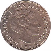 Denmark coin 1 Krone - Margrethe II (1973 - 1989) obverse obverse of 1 Krone - Margrethe II (1973 - 1989) coin with KM# 862 from Denmark. Inscription: MARGRETHE II DANMARKS DRONNING R ♥ B