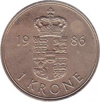 reverse of 1 Krone - Margrethe II (1973 - 1989) coin with KM# 862 from Denmark. Inscription: 19 86 1 KRONE