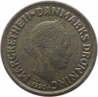 obverse of 20 Kroner - Margrethe II - 1'st Coat of Arms; 2'nd Portrait (1990 - 1993) coin with KM# 871 from Denmark. Inscription: MARGRETHE II ♥ DANMARKS DRONNING LG JP 1990