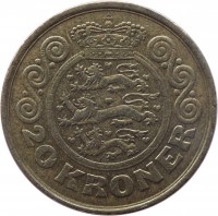 reverse of 20 Kroner - Margrethe II - 1'st Coat of Arms; 2'nd Portrait (1990 - 1993) coin with KM# 871 from Denmark. Inscription: 20 KRONER