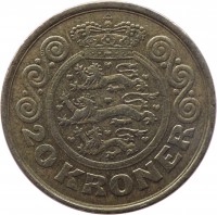 Denmark coin 20 Kroner - Margrethe II - 1'st Coat of Arms; 2'nd Portrait (1990 - 1993) reverse reverse of 20 Kroner - Margrethe II - 1'st Coat of Arms; 2'nd Portrait (1990 - 1993) coin with KM# 871 from Denmark. Inscription: 20 KRONER