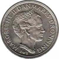 obverse of 10 Kroner - Margrethe II - 1'st Portrait (1979 - 1988) coin with KM# 864 from Denmark. Inscription: MARGRETHE II DANMARKS DRONNING