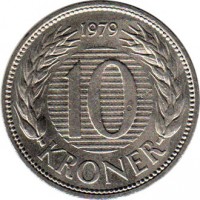 reverse of 10 Kroner - Margrethe II - 1'st Portrait (1979 - 1988) coin with KM# 864 from Denmark. Inscription: 1979 10 KRONER