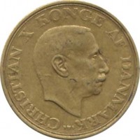 obverse of 1 Krone - Christian X (1942 - 1947) coin with KM# 835 from Denmark. Inscription: CHRISTIAN X KONGE AF DANMARK NS