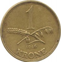 Denmark coin 1 Krone - Christian X (1942 - 1947) reverse reverse of 1 Krone - Christian X (1942 - 1947) coin with KM# 835 from Denmark. Inscription: 1 1946 KRONE