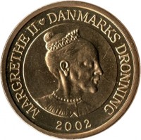 Denmark coin 20 Kroner - Margrethe II - 1'st Coat of Arms; 4'th Portrait (2001 - 2002) obverse obverse of 20 Kroner - Margrethe II - 1'st Coat of Arms; 4'th Portrait (2001 - 2002) coin with KM# 888 from Denmark. Inscription: MARGRETHE II DANMARKS DRONNING 2002