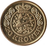 Denmark coin 20 Kroner - Margrethe II - 1'st Coat of Arms; 4'th Portrait (2001 - 2002) reverse reverse of 20 Kroner - Margrethe II - 1'st Coat of Arms; 4'th Portrait (2001 - 2002) coin with KM# 888 from Denmark. Inscription: 20 KRONER
