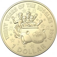 Aluminium Bronze coin Australia KM# 4094 30 YEARS OF THE WIGGLES 1991. The Wiggles. BIG RED CAR. 1 DOLLAR.