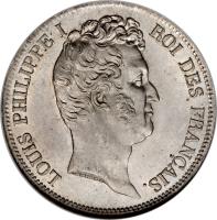 obverse of 5 Francs - Louis-Philippe - With Tiolier (1830 - 1831) coin with KM# 735 from France. Inscription: LOUIS PHILIPPE I ROI DES FRANÇAIS