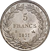 reverse of 5 Francs - Louis-Philippe - With Tiolier (1830 - 1831) coin with KM# 735 from France. Inscription: 5 FRANCS 1831