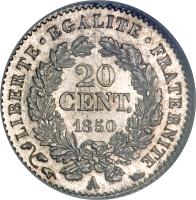 reverse of 20 Centimes (1849 - 1851) coin with KM# 758 from France. Inscription: LIBERTE EGALITE FRATERNITE 20 CENT. 1850 A