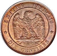 France coin 10 Centimes - Napoleon III (1852 - 1857) reverse reverse of 10 Centimes - Napoleon III (1852 - 1857) coin with KM# 771 from France. Inscription: EMPIRE FRANÇAIS W DIX CENTIMES