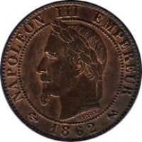 obverse of 1 Centime - Napoleon III (1861 - 1870) coin with KM# 795 from France. Inscription: NAPOLEON III EMPEREUR BARRE 1862