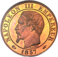 obverse of 5 Centimes - Napoleon III (1853 - 1857) coin with KM# 777 from France. Inscription: NAPOLEON III EMPEREUR BARRE 1857