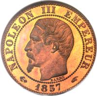 France coin 5 Centimes - Napoleon III (1853 - 1857) obverse obverse of 5 Centimes - Napoleon III (1853 - 1857) coin with KM# 777 from France. Inscription: NAPOLEON III EMPEREUR BARRE 1857