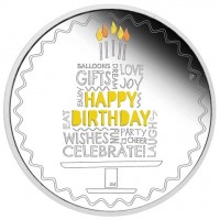 Silver coin Australia KM# 4136 BALLONS LOVE. DREAM. GIFTS JOY P. ENJOY. HAPPY. BIRTHDAY. EAT. WISHES. FUN. PARTY. CHEER. CELEBRATE!. LAUGH. JM.