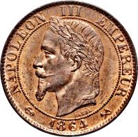 France coin 5 Centimes - Napoleon III (1861 - 1865) obverse obverse of 5 Centimes - Napoleon III (1861 - 1865) coin with KM# 797 from France. Inscription: NAPOLEON III EMPEREUR BARRE 1864