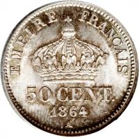 reverse of 50 Centimes - Napoleon III (1864 - 1869) coin with KM# 814 from France. Inscription: EMPIRE FRANÇAIS 50 CENT. 1864 A