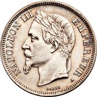obverse of 2 Francs - Napoleon III (1866 - 1870) coin with KM# 807 from France. Inscription: NAPOLEON III EMPEREUR
