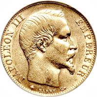 obverse of 20 Francs - Napoleon III (1853 - 1860) coin with KM# 781 from France. Inscription: NAPOLEON III EMPEREUR