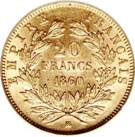 reverse of 20 Francs - Napoleon III (1853 - 1860) coin with KM# 781 from France. Inscription: EMPIRE FRANCAIS 20 FRANCS 1853 A