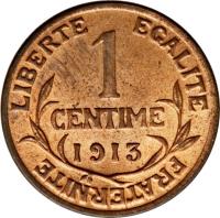 reverse of 1 Centime (1898 - 1920) coin with KM# 840 from France. Inscription: LIBERTE EGALITE FRATERNITE 1 CENTIME 1920