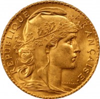 obverse of 20 Francs (1907 - 1914) coin with KM# 857 from France. Inscription: REPUBLIQUE FRANÇAISE · CHAPLAIN