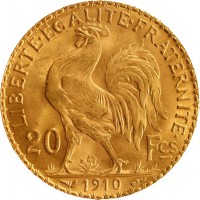 reverse of 20 Francs (1907 - 1914) coin with KM# 857 from France. Inscription: LIBERTE · EGALITE · FRATERNITE · 20 Fcs 1908