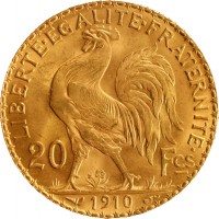 France coin 20 Francs (1907 - 1914) reverse reverse of 20 Francs (1907 - 1914) coin with KM# 857 from France. Inscription: LIBERTE · EGALITE · FRATERNITE · 20 Fcs 1908