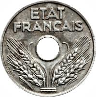 obverse of 20 Centimes (1941 - 1944) coin with KM# 900.2a from France. Inscription: ETAT FRANÇAIS