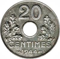 France coin 20 Centimes (1941 - 1944) reverse reverse of 20 Centimes (1941 - 1944) coin with KM# 900.2a from France. Inscription: 20 CENTIMES 1944