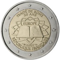 obverse of 2 Euro - Treaty of Rome (2007) coin with KM# 1460 from France. Inscription: TRAITÉ DE ROME 50 ANS EUROPE 2007 RÉPUBLIQUE FRANÇAISE